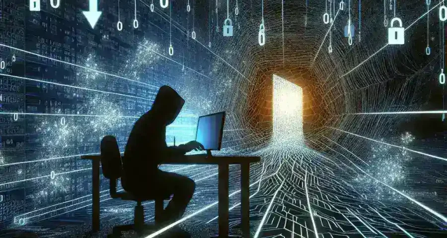 "Illustration of a hacker exploiting a zero-day vulnerability on a computer, highlighting cybersecurity threats and the importance of protecting software from unknown exploits."