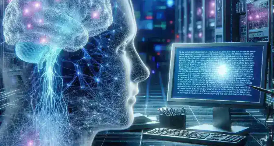 "MIT Media Lab researchers demonstrating innovative brain-to-text typing technology, showcasing a user interacting with advanced neural interface for direct thought-to-text communication."